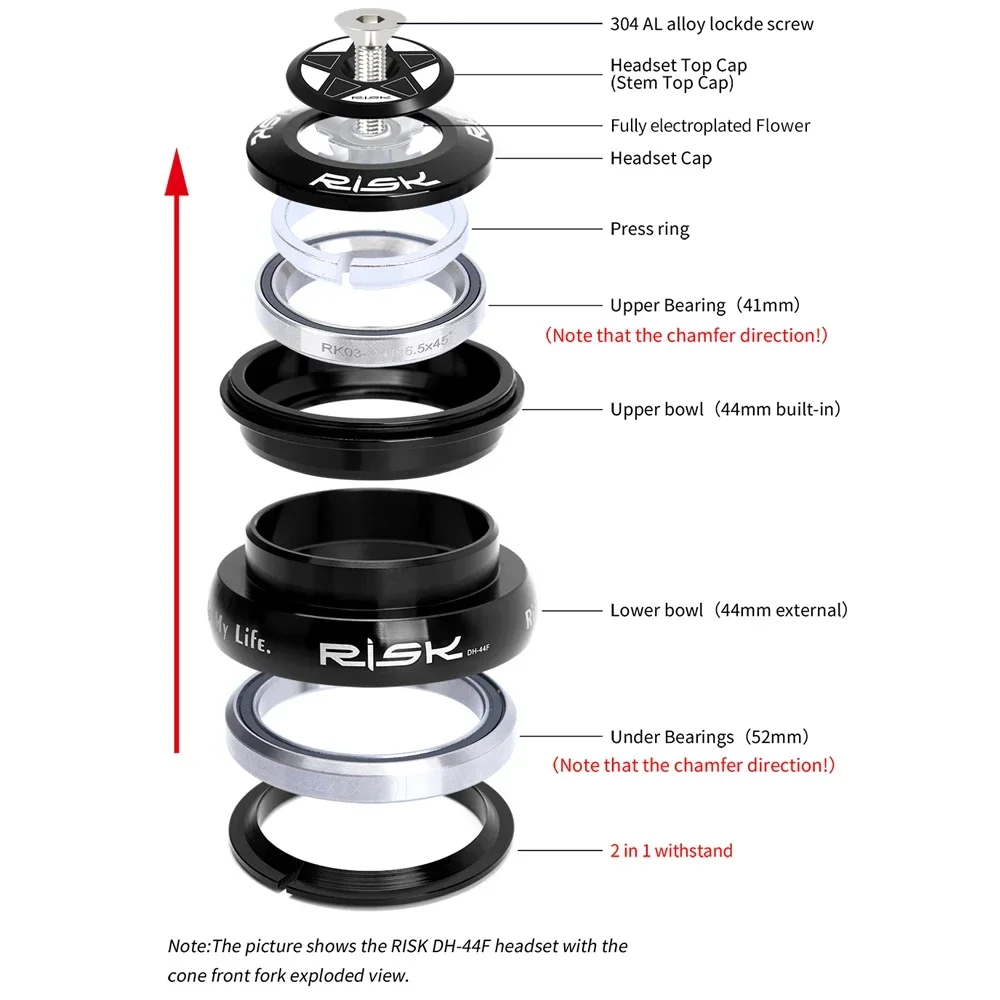 RISK MTB Road Bicycle Headset 44mm 34/41/41.8/49.7/50.6/55/56mm for Bike 28.6mm 1 1/8 Straight 1.25-1.5\