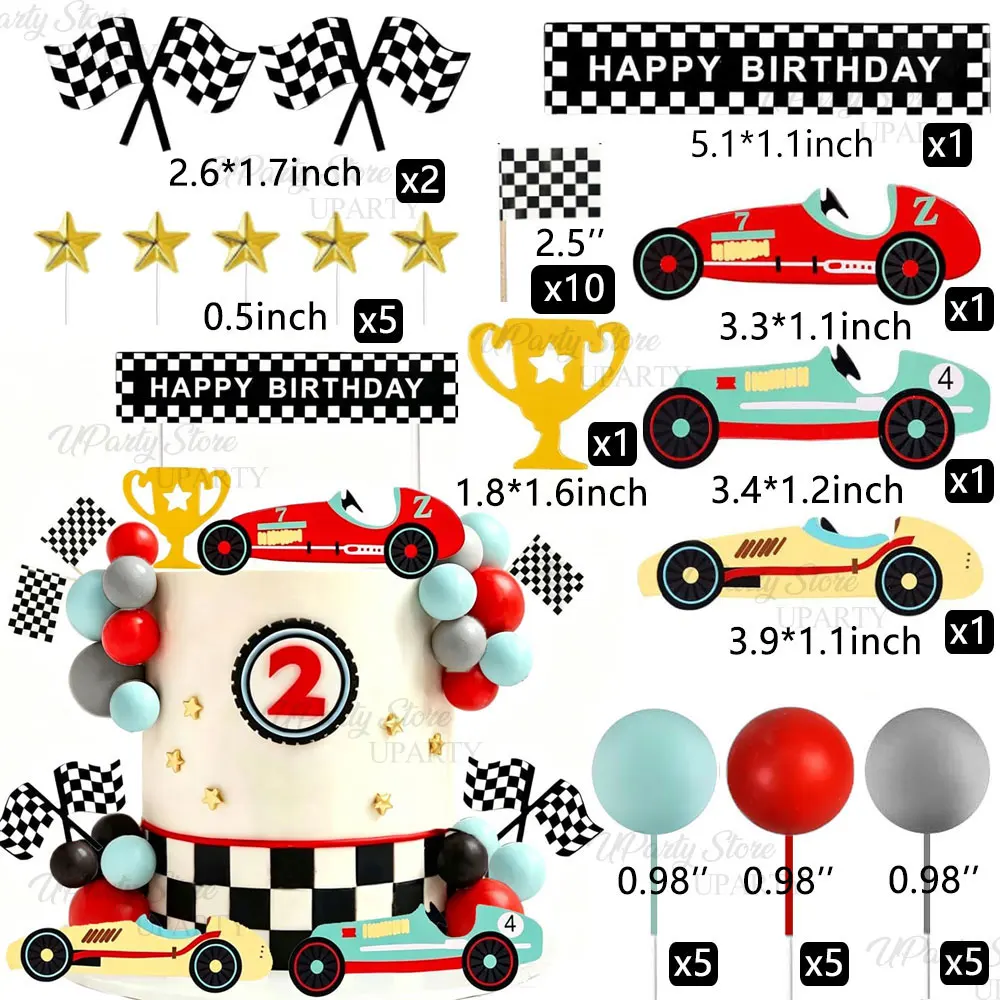 Racing Cake Toppers Gray Blue Red Balls Checkered Flag Racing Car Birthday Cake Toppers for Birthday Baby Shower Cake Decoration