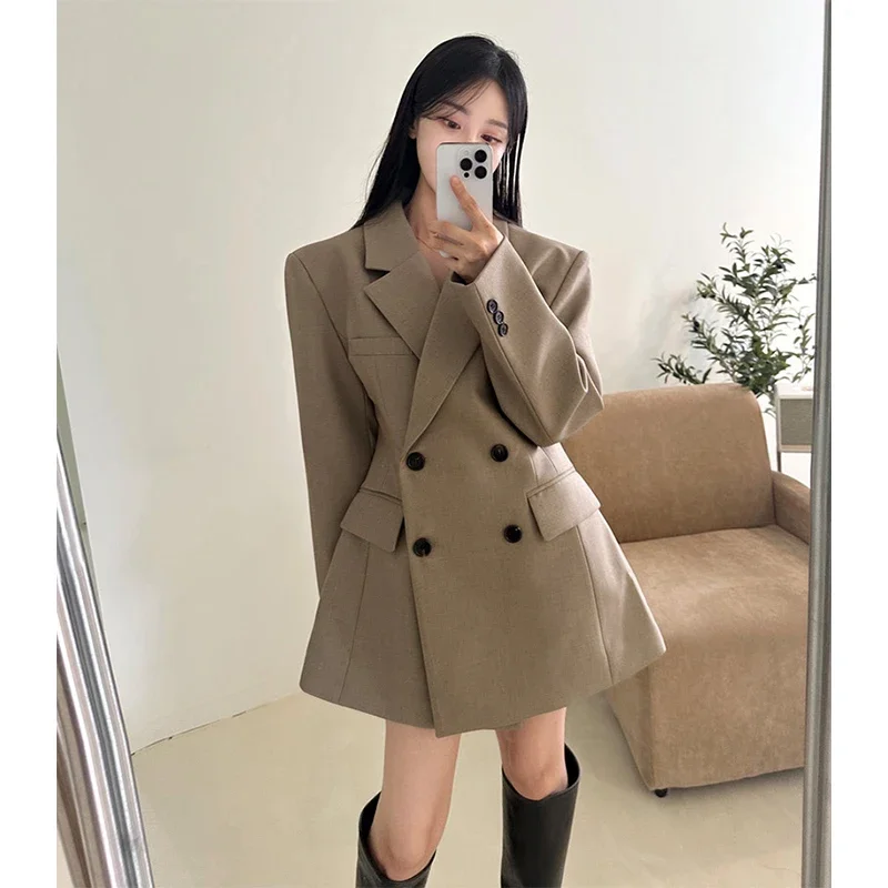 Elegant Black Blazer Women Fashion Double Breasted Suit Jackets Female Korean Long Sleeve Coats Office Slim Commuter Outerwear