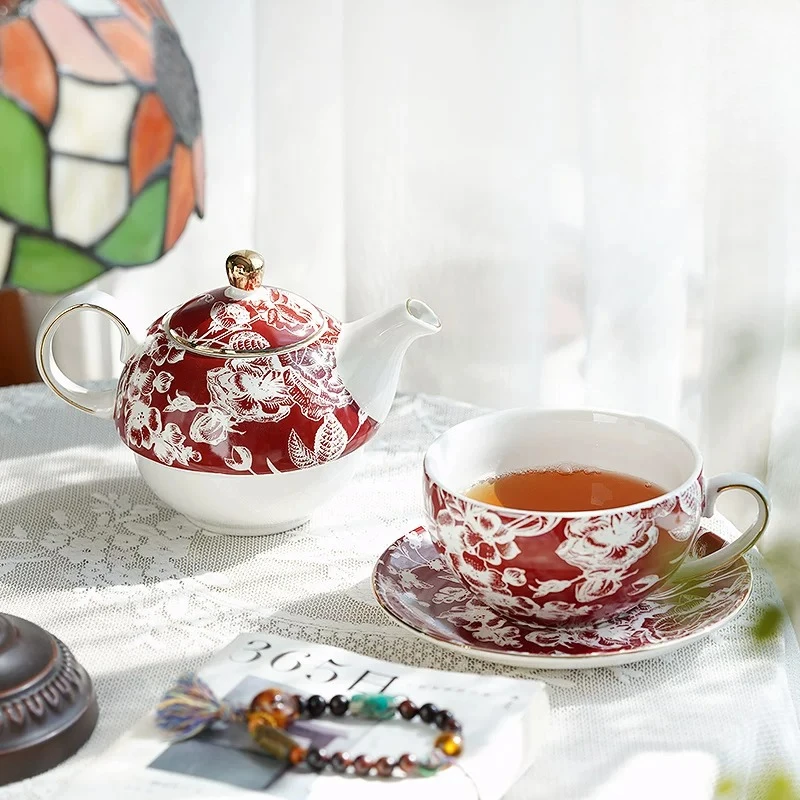 Red Rose Ceramic Mother‑Child Teapot Set Exquisite British Afternoon Tea Cup Saucer Gift Set for Home Wedding Present