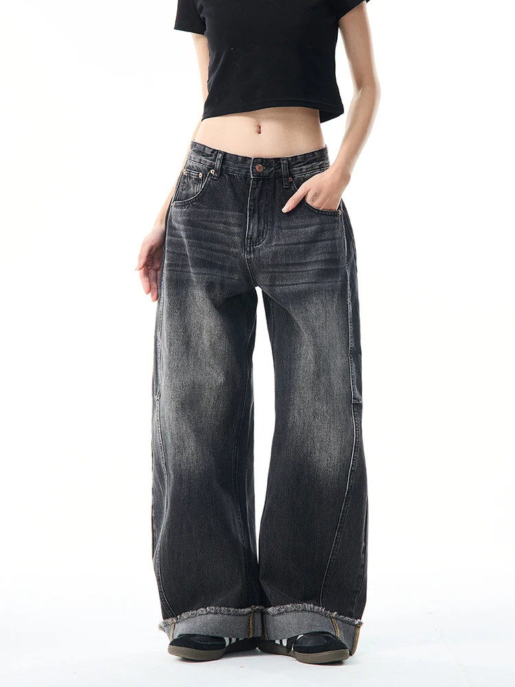 Damskie czarne gotyckie szerokie jeansy Y2k Harajuku vintage spodnie jeansowe japoński styl lat 2000 grunge jeansy z wygiętym nożem spodnie odzież 2025