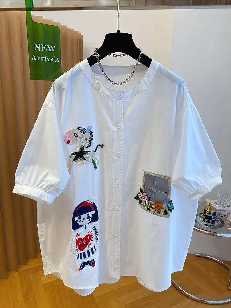 

Vintage Cartoon Embroidery Japanese Style Blouse Women Casual Loose Short Sleeved Shirts 2025 Chic Blusas Top