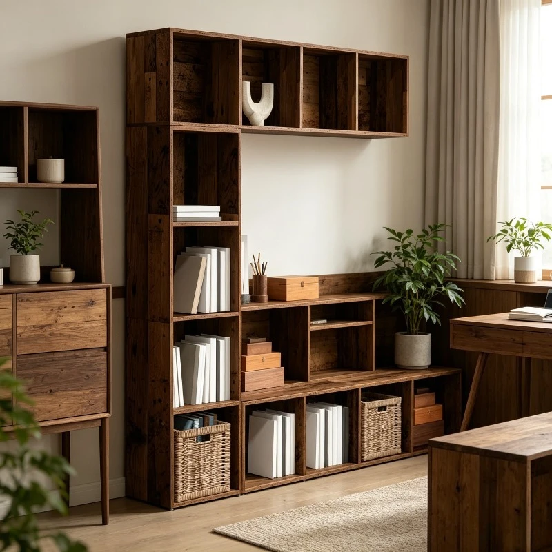 Lote de 3 estanterías modulares de estilo madera envejecida, en madera de ingeniería, mueble de almacenamiento de diseño para salón, dormitorio, oficina, espacio ahorrador de espacio, configurable.