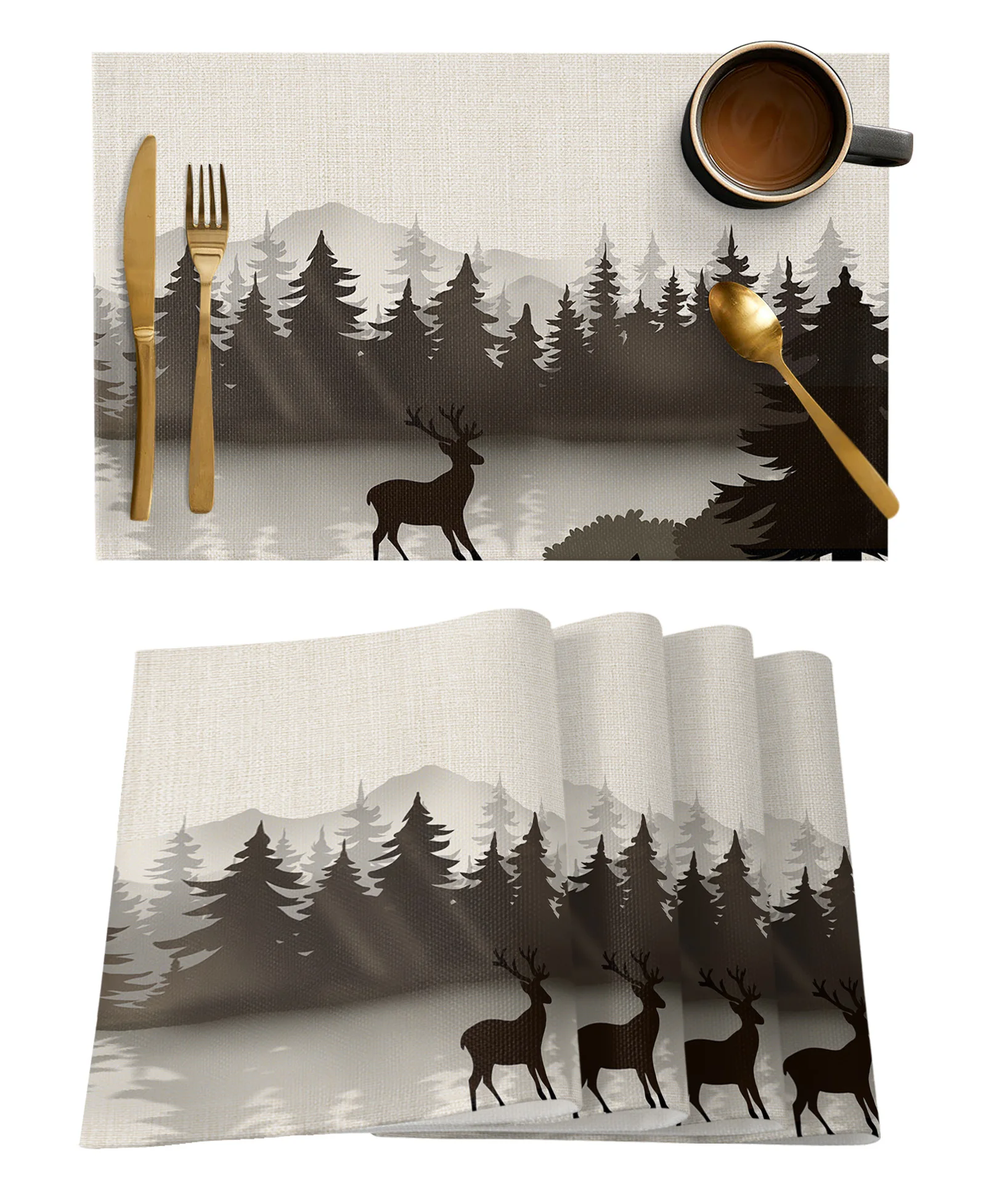 Animal Cartoon Forest Deer Black Brown Table Runner Kitchen Xmas Decoration Tablecloth Home Party Table Cover 4/6PCS Placemats