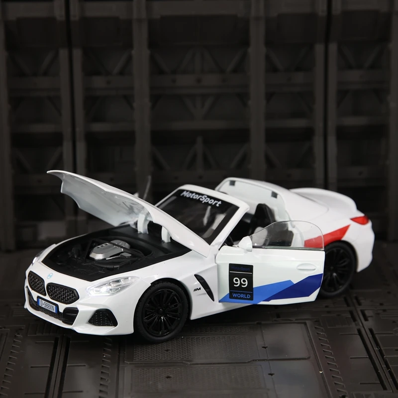 1:22 modelo de carro em liga BMW Z4, rodas dianteiras podem virar para brinquedos infantis, portas e capô do motor, porta-malas podem ser abertas