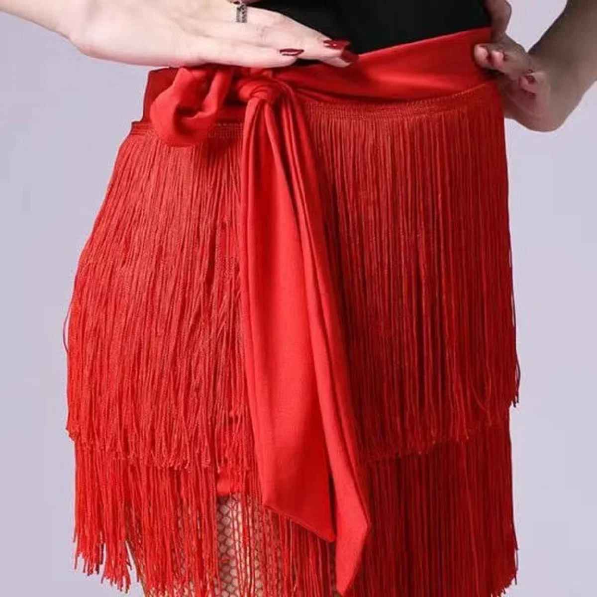 Jupe de danse ligne latine, Sexy, asymétrique, pompon, tissu tricoté solide, Mini jupe portefeuille, détail pour fête, carnaval, vêtements de danse