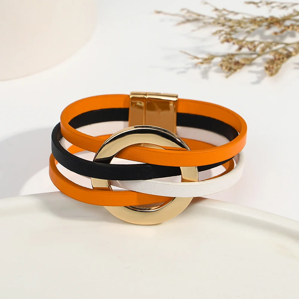 ALLYES Fashion Hollow Circle Wrap Leather Bracelet for Women Men Gothic Multilayer Orange Black Halloween Bracelet Party Jewelry