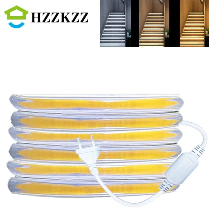 

220V LED COB Strip Light EU Power Plug IP67 Buckle fixation LED Ribbon Tape Flexible COB Linear Light Bar 3000K 4500K 6000K