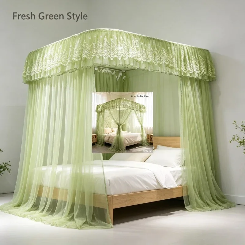 yesGreen Lace Canopy Mosquito Net, U-Track Floor-Standing 3-Door Bed Curtain for Master Bedroom & Wedding Decor