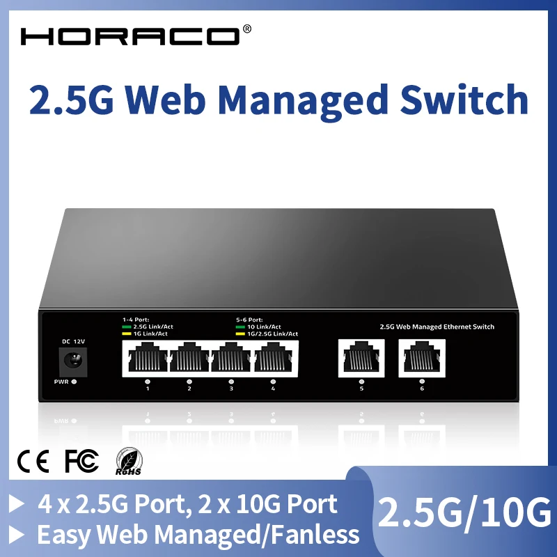 HORACO 2.5G Web Managed Switch 4 Port 2500Mbps and 2 Port 10G Smart Managed Ethernet Network Switch Home Lab Switch