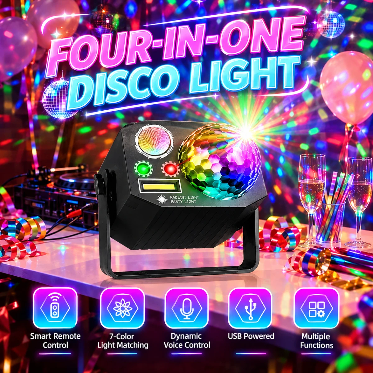 Disco Ball Party Light with Pattern Sound Activated,USB LED Stage Strobe Light Sync with Music for Christmas Rave/Home Karaoke