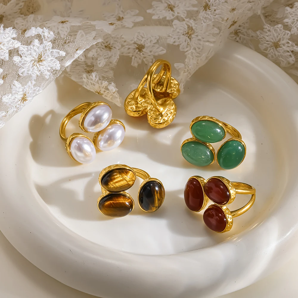 Vintage Three Stone Oval Tiger Eye Agate Open Ring 18K Gold Plated Stainless Steel Gifts for Women Finger Trendy Charm Jewelry
