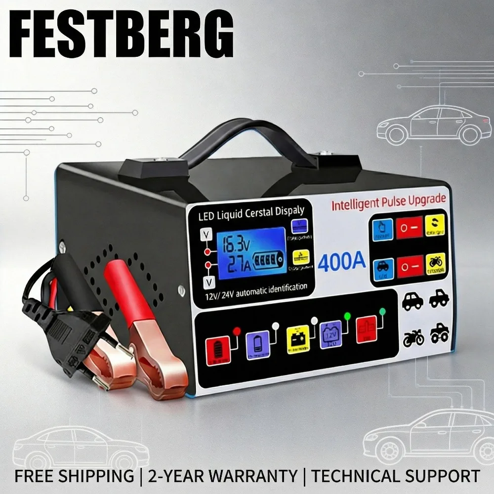 

Зарядное устройство для автомобильных аккумуляторов FESTBERG 400A, 12В/24В, с ЖК-дисплеем, интеллектуальным импульсным восстановлением, быстрой зарядкой, автоматическим отключением, высокой мощностью C30