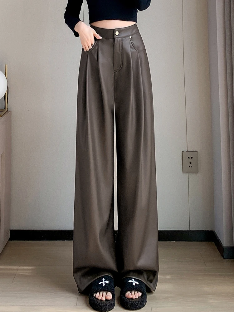 Women Faux Leather Pants PU High Waist Straight Leg Pants with Pockets Leather Wide Leg Casual Pants Y2K Autumn Winter Trousers