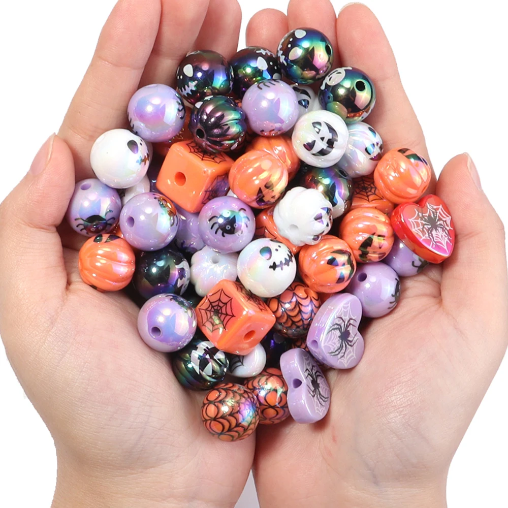 10-50 Stück Acryl-Halloween-Perlen, quadratische und runde lose Abstandsperlen, Kürbis-Charms, DIY-Handarbeiten, Schmuckherstellungszubehör – Detail 3