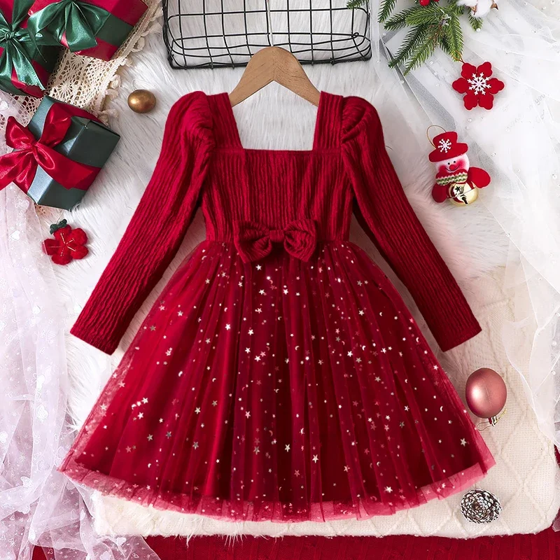 Vestido rojo de Navidad para niñas de manga larga Otoño Invierno vestidos para niños líder cuadrado elegante vestido de princesa de Año Nuevo para niños de 3 a 8 años