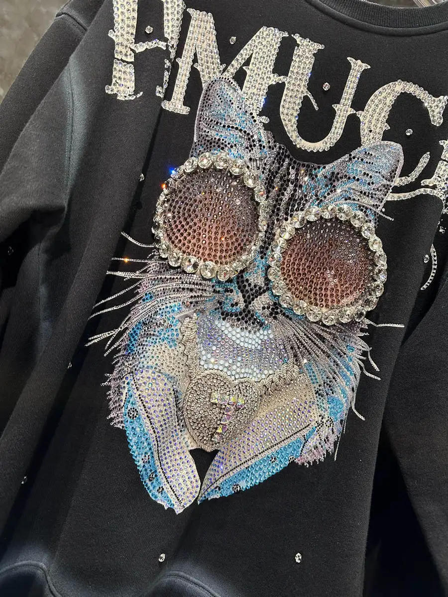 New Fashion Cartoon Cat Rhinestone Round Neck Women\'s Pullover Hoodie Beads Diamond-Embedded Cool Handsome Loose Top Sweatshirt