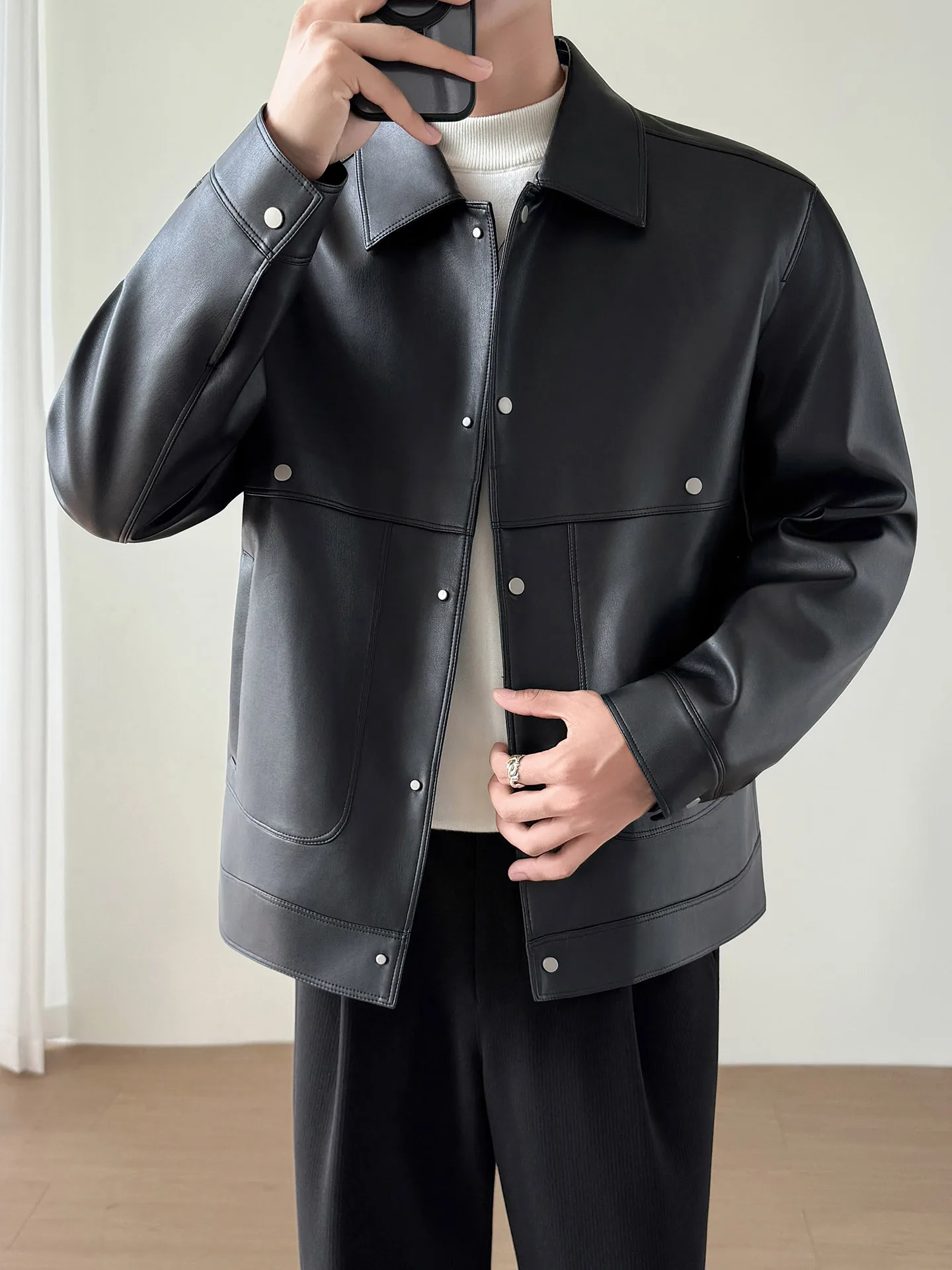 

Приталенная мужская куртка из искусственной кожи с модным воротником, осенняя верхняя одежда, повседневное винтажное кожаное пальто в американском стиле