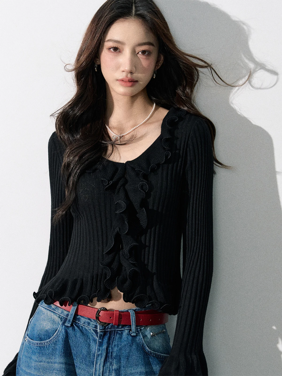 

LREEDOM Korean Sle Bell Sve Knitted Open Cardigan Sweater Autumn Winter New Arrival Bla White Two Colors Slimming Ef...