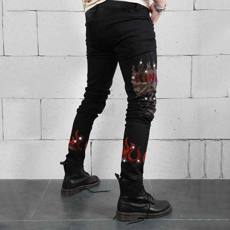 Uomo strass Hole Y2k Denim Pencil Pants Mans Stretchy Jeans neri Skinny Slim Fit Hot Drill Punk Streetwear Biker Pants