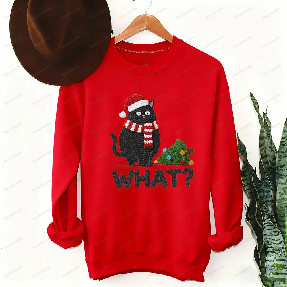 Sudadera What Cat con estampado de hilo sintético para mujer, divertida camiseta con estampado de árbol de Navidad, regalo de Navidad, Sudadera con capucha, ropa para mujer