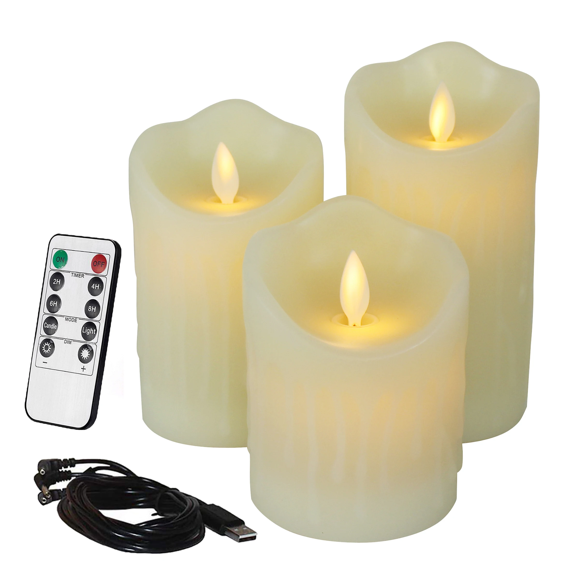 

Flameless Candles Rechargeable Battery Ivory Dripping Wax Pillars LED Flickering Pillar Candle with Remote Control, Set of 3