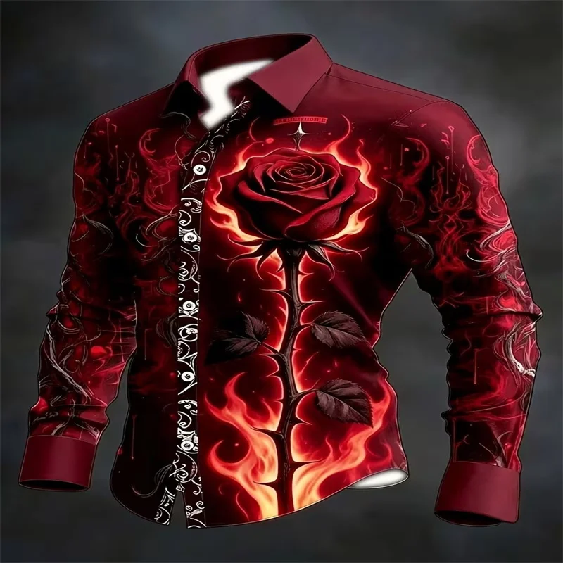 Men's stylish long-sleeve shirt featuring a 3D red rose and flame print; a button-down casual style suitable for parties.