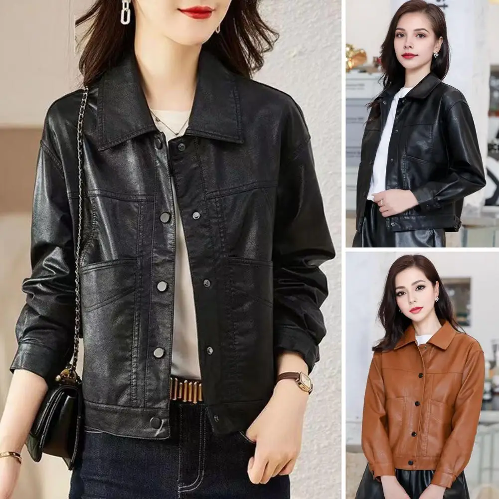 Women Jacket Smooth Surface Single-breasted Office Commuting Travel Outerwear with Pockets Faux Leather Retro Motorcycle Coat