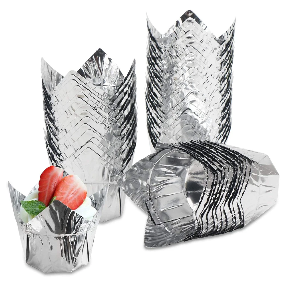 

100 Pcs Cake Paper Cups Gold Muffin Liners Tulip Baking Cupcake Holder Heat Resistant Safe Practical Wedding Party Decorations