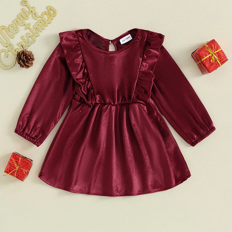 Baby Girl Christmas Dress Fashion Infant Ruffle Long Sleeve Round Neck A-Line Dress Toddler Velvet Dress Princess Party Clothes