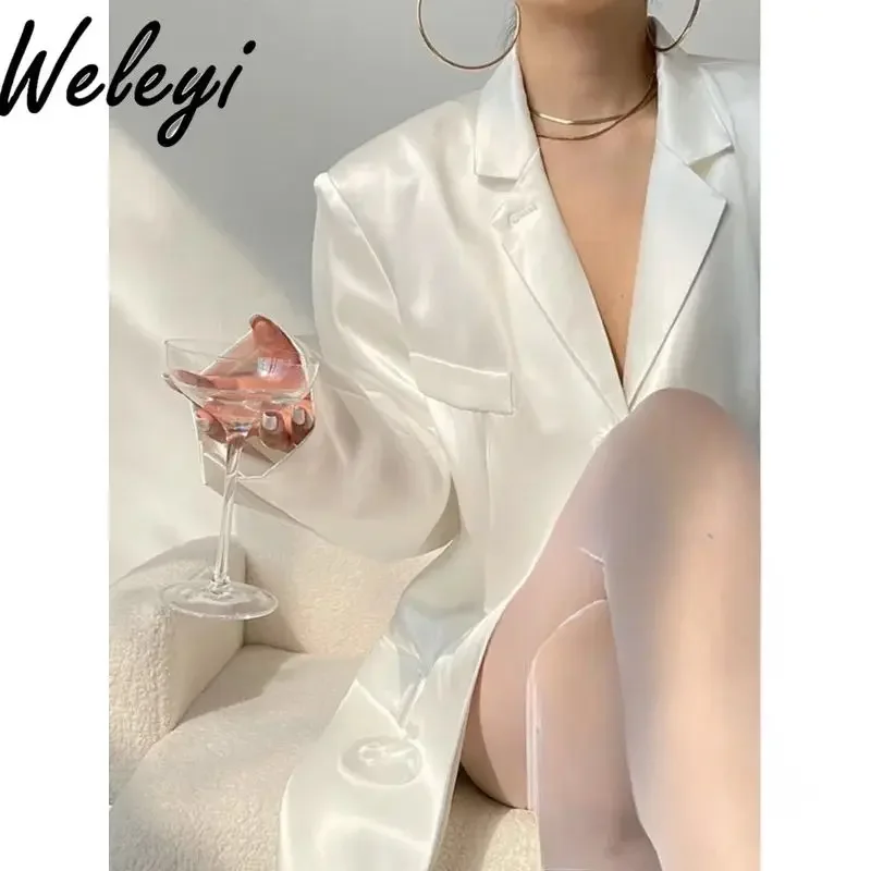 

Spring and Autumn White Satin Glossy Blazer Coat Women 2024 New Socialite Loose Suit Collar Long Sleeve Small Blazers Feminino