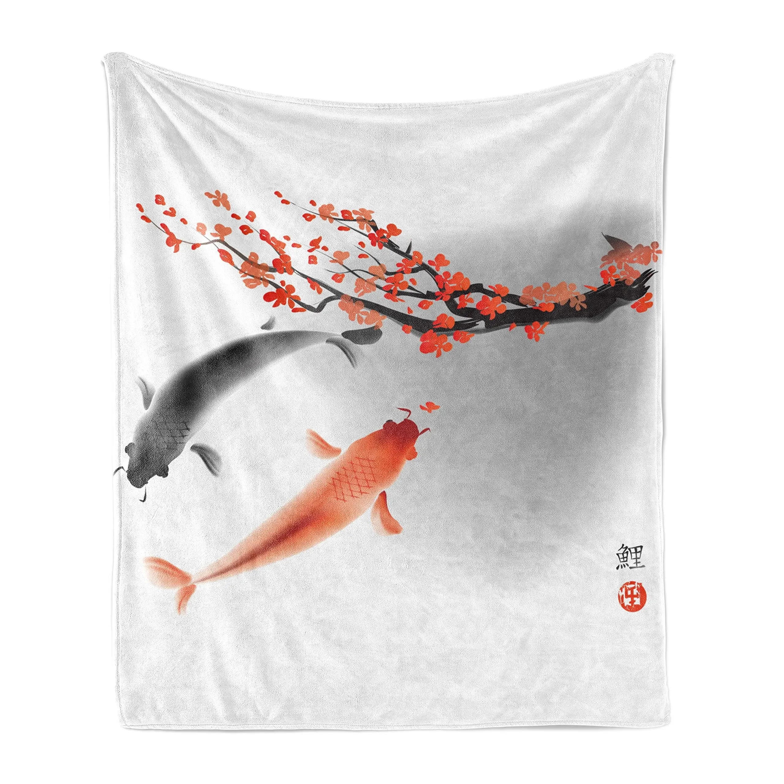 Japanese Throw Blanket, Koi Carp Fish Couple Swimming Cherry Blossom Sakura Branch Print Flannel Soft Blanket for Adults Gifts