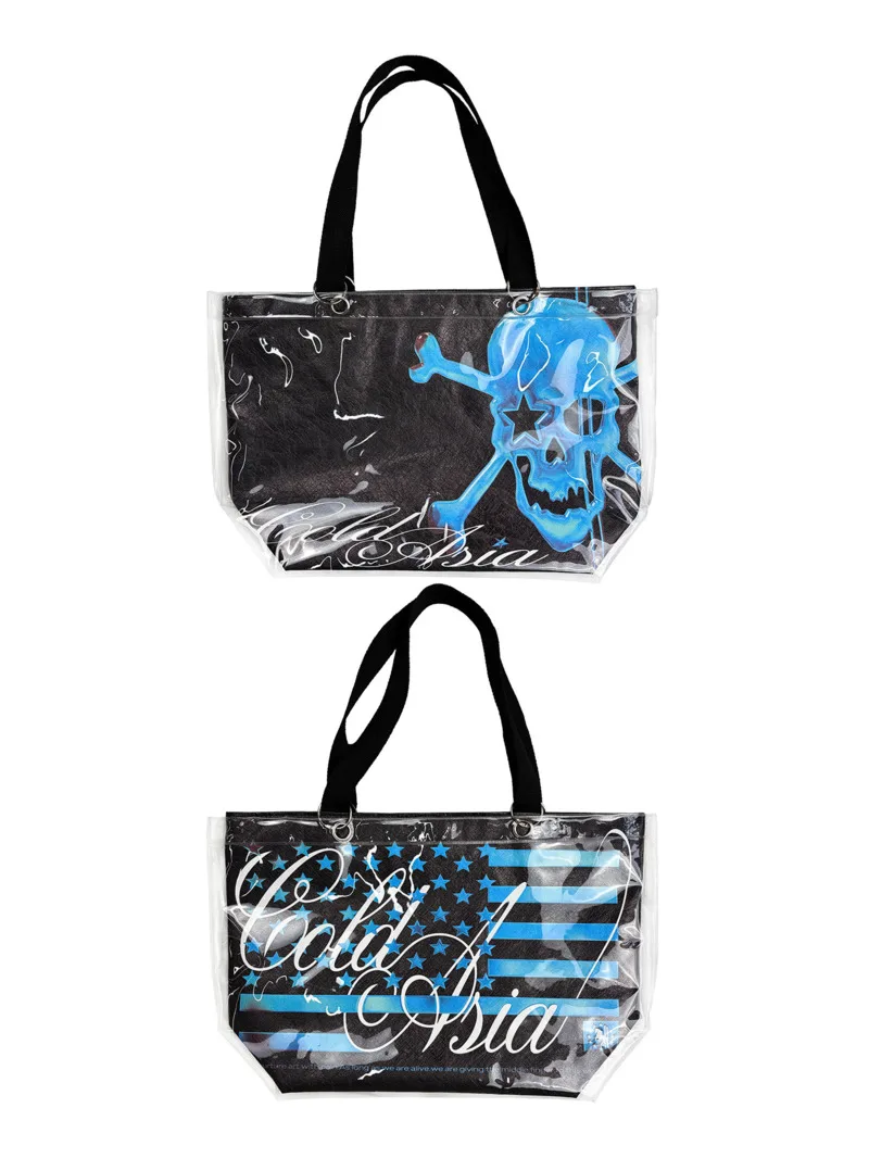Black Blue Shibuya Gyaru Y2K Baddie Girl Skull Star Flag Niche Street Style Light Asian Large Capacity Shopping Tote Bag