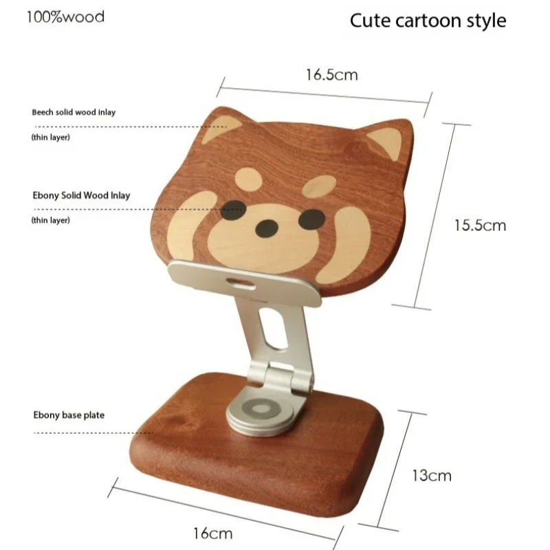 Pattern Storage for Walnut Phone Holders Adjustable Solid Wood Base Stand for Mobile Phone and Tablet with Cute Cartoon Raccoon