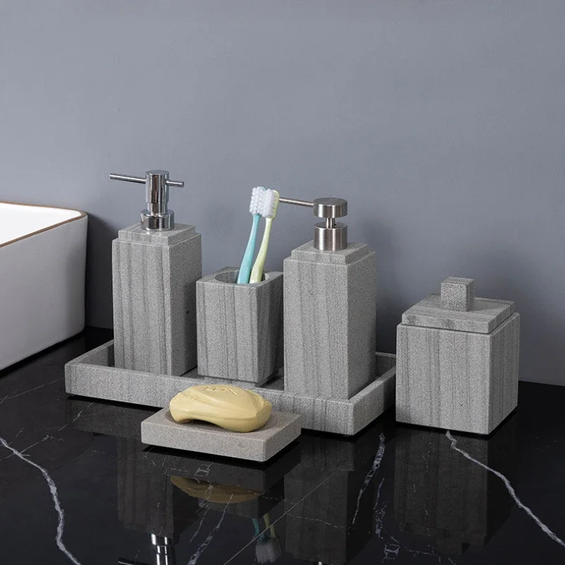1pc Grey Marble Toiletries Plastic Pump Head Household Lotion Bottle Accessories Washbasin Tray Toothpick Jar Storage Cup