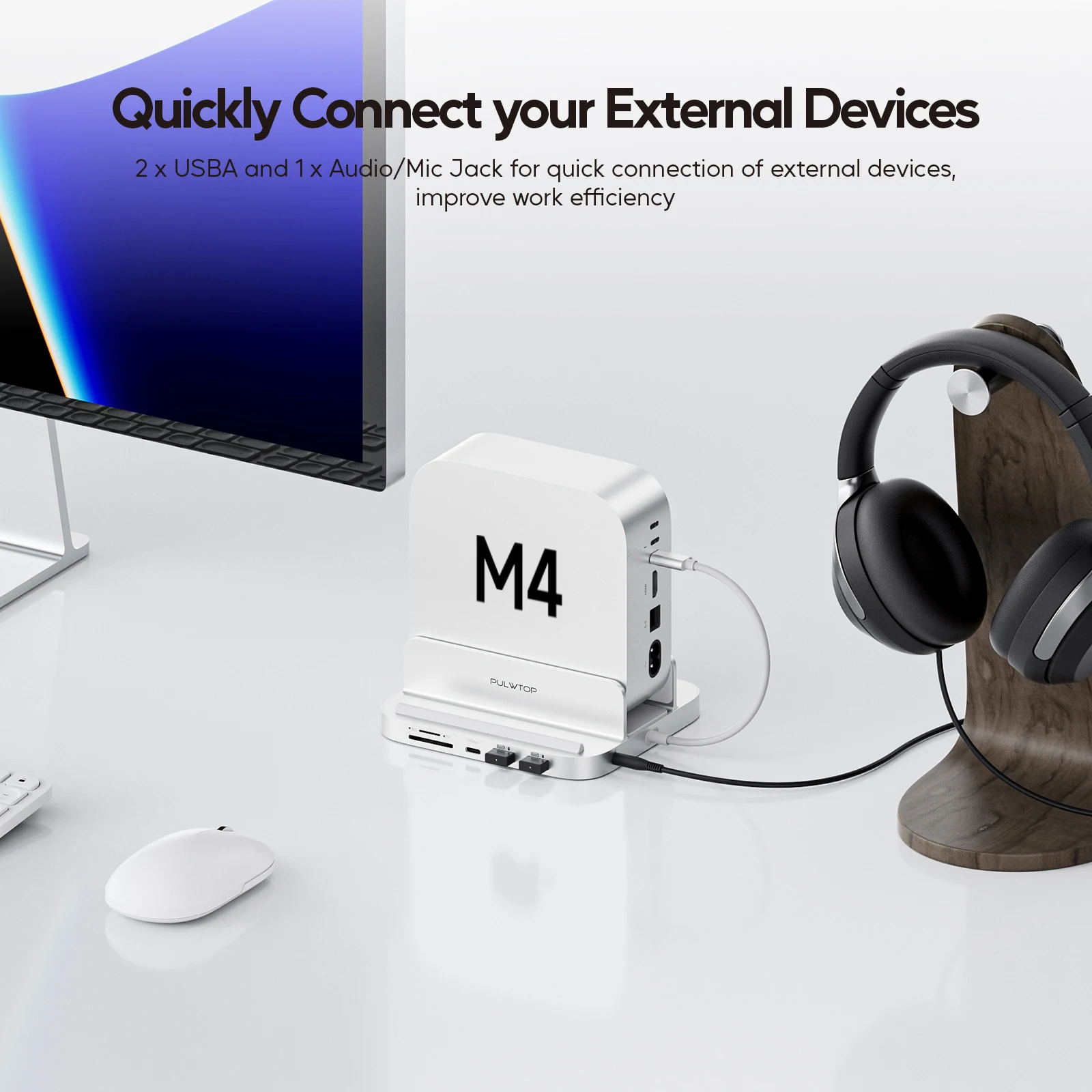 محور PULWTOP Vertical Mac Mini M4 مع حاوية M.2 SSD، USB A/C 3.2، ميكروفون صوتي، SD/TF، USB-C Hub لجهاز Mac Mini M4/M4 Pro