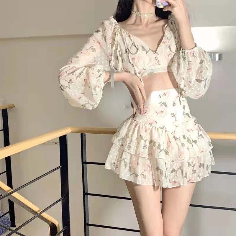 Zestawy damskie Sweet Lady Delikatny bufiasty rękaw Prosty dekolt w szpic Popularny nadruk Patchwork Backless Slim New Summer Mujer Ulzzang Ins Cosy