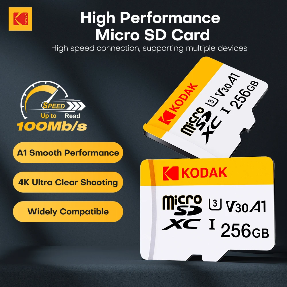 Kodak A1 U3 Class 10 Micro SD-карта для мониторинга автомобильной видеорегистратора 32 ГБ 64 ГБ 128 ГБ 256 ГБ TF-карта памяти 100 Мбит/с Водонепроницаемая противоударная