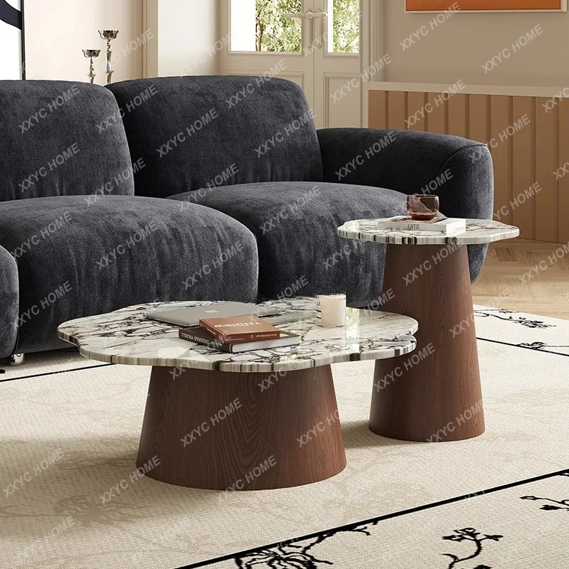 XXPetal marble coffee table walnut color living room retro small apartment design high and low combination