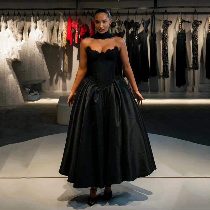 

Thinyfull Black A-Line Prom Evening Dresses Saudi Arabia Sweetheart Tea Length Party Dress Night Cocktail Prom Gowns Customized