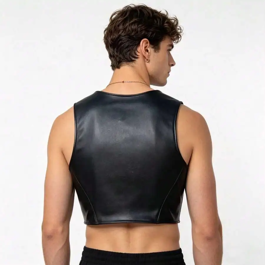 

Mens Black Faux Leather Sleeveless Crop Top With Corset Back Design