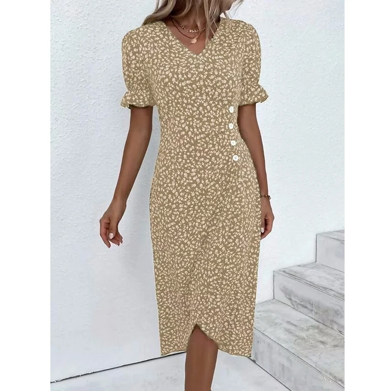 Ruched Button Irregular Elegant Party Dresses for Women Summer Fashion Floral Print V Neck Short Sleeve Slim Midi Dress Vestidos