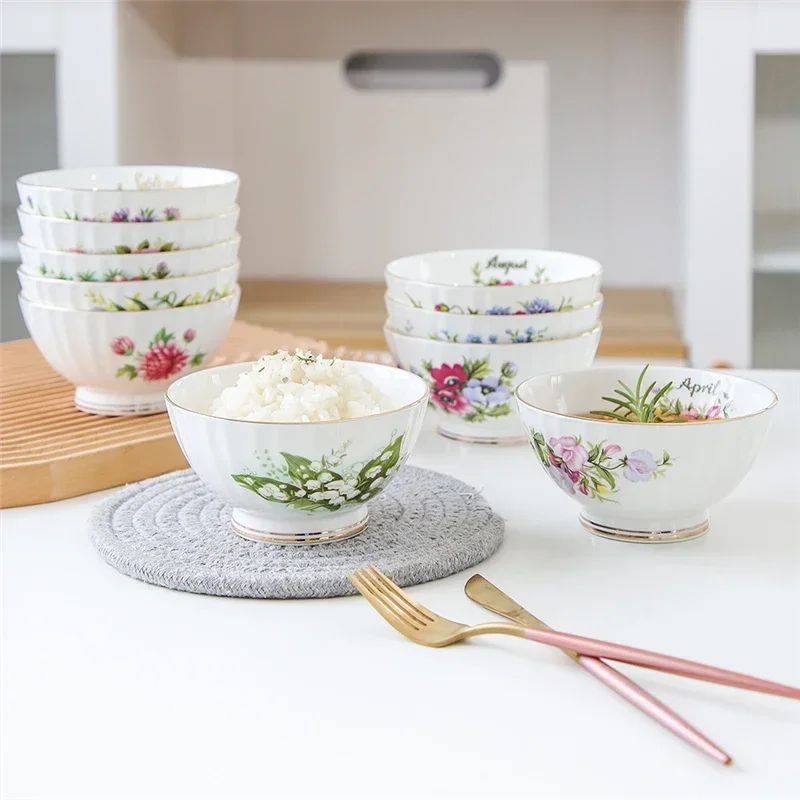 Ceramic Rice Bowl Set 12 Months Flower Printing Kitchen Fruit Bowls Beautiful Tableware Ramen Bowl Home Utensils for Hospitality