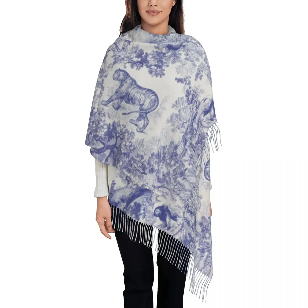 French Toile De Jouy Navy Blue Motif Pattern Scarf Wrap Women Long Winter Tassel Shawl Unisex Animal Forest Floral Art Scarves