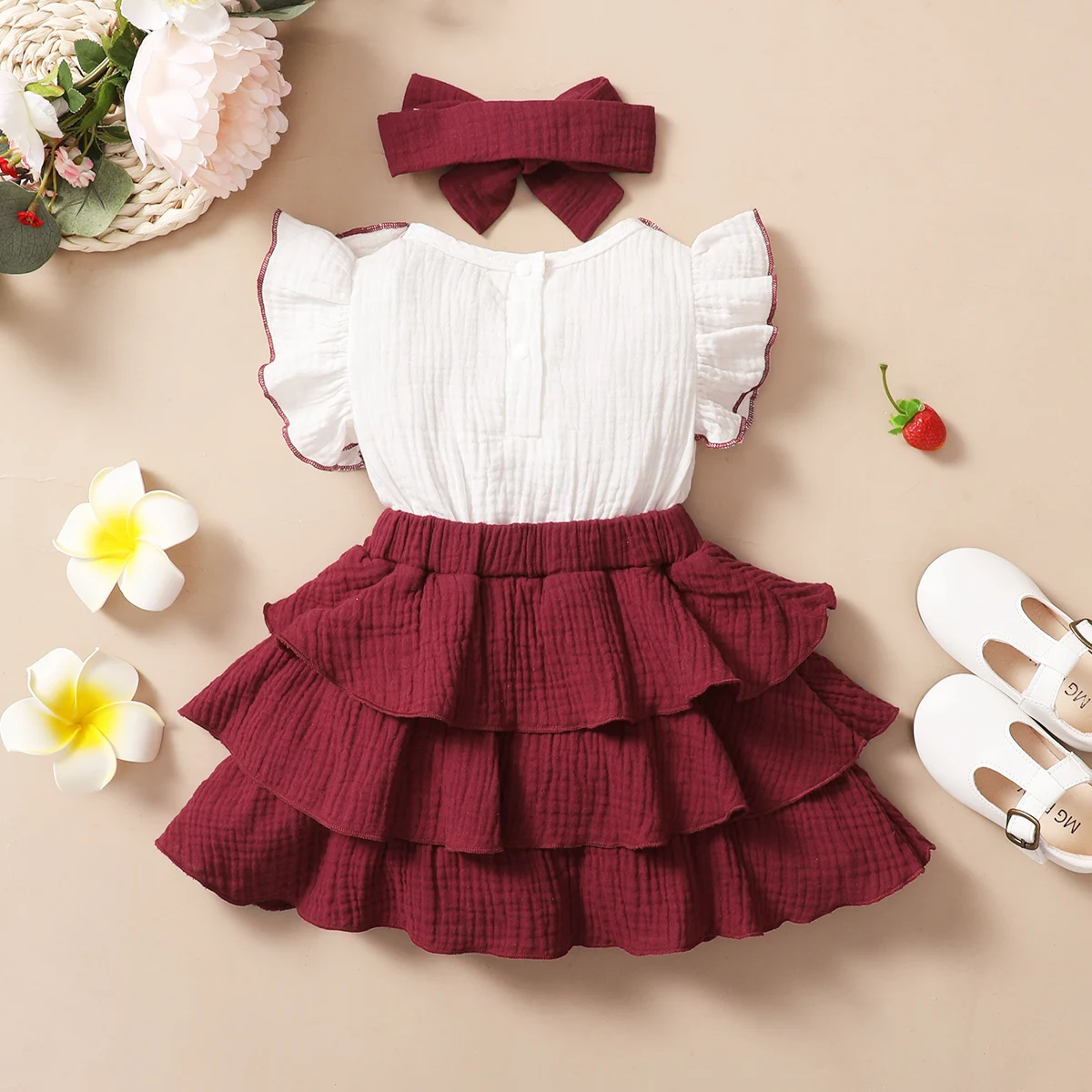 Baby Girl Red Wine with white 3-layer cupcake dress