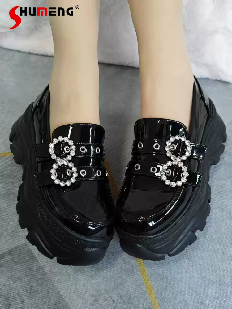 Japanese Mine Style Mass-produced Diamond Double Buckle Black Leather Platform Loafers Slip-ons Kawaii Lolita Shoes For Women