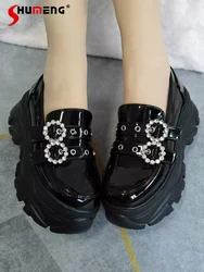 Japanese Mine Style Mass-produced Diamond Double Buckle Black Leather Platform Loafers Slip-ons Kawaii Lolita Shoes For Women