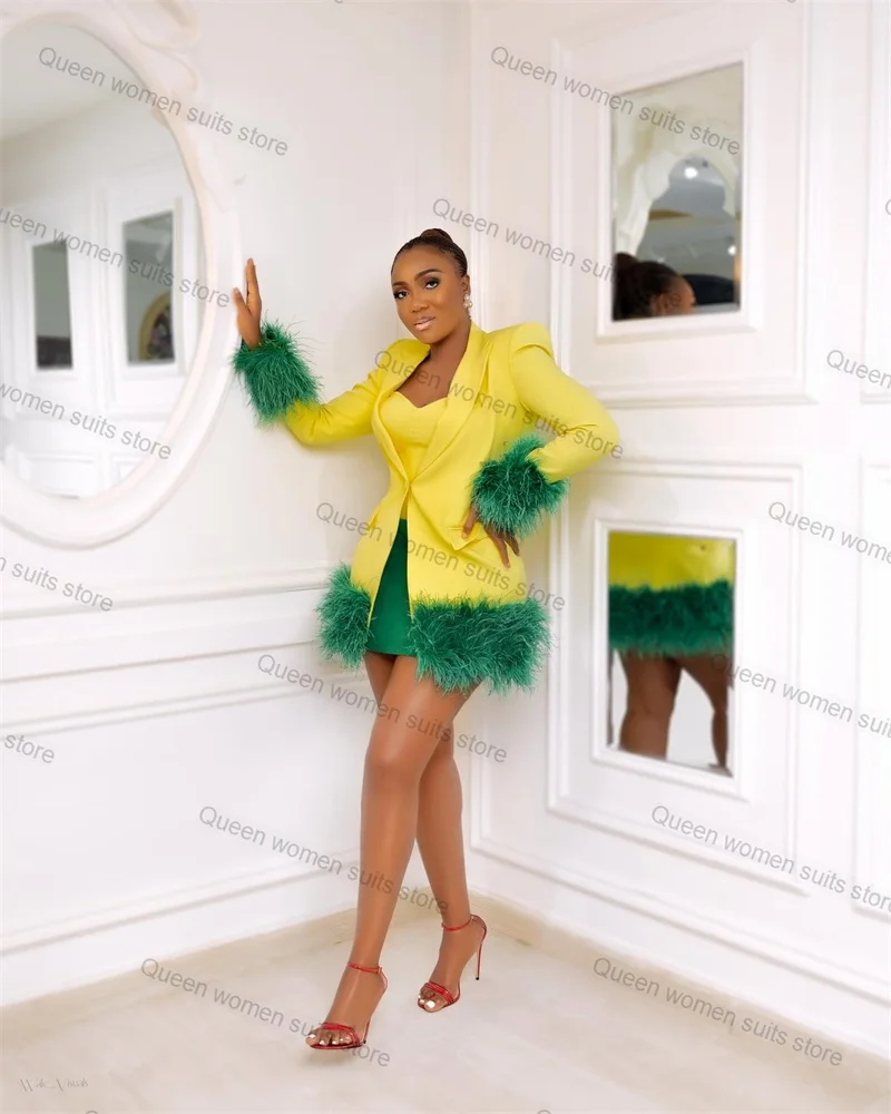 Feather Women Suit Skirt Set 2 Piece Blazer+Short Mini Green Prom Dress Wedding Tuxedo Formal Office Lady Jacket Coat Tailored
