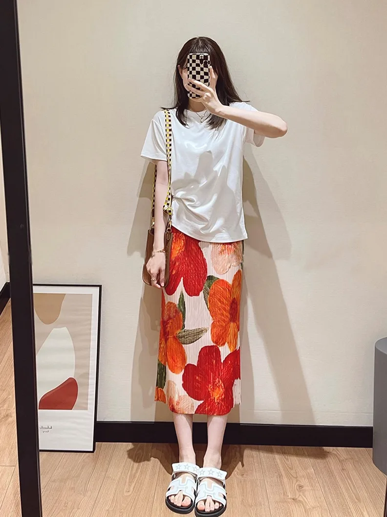 Women\'s Summer Floral Print Beach Skirt with High Waist Elastic Waistband Pleats and Side Split Perfect for Vacation