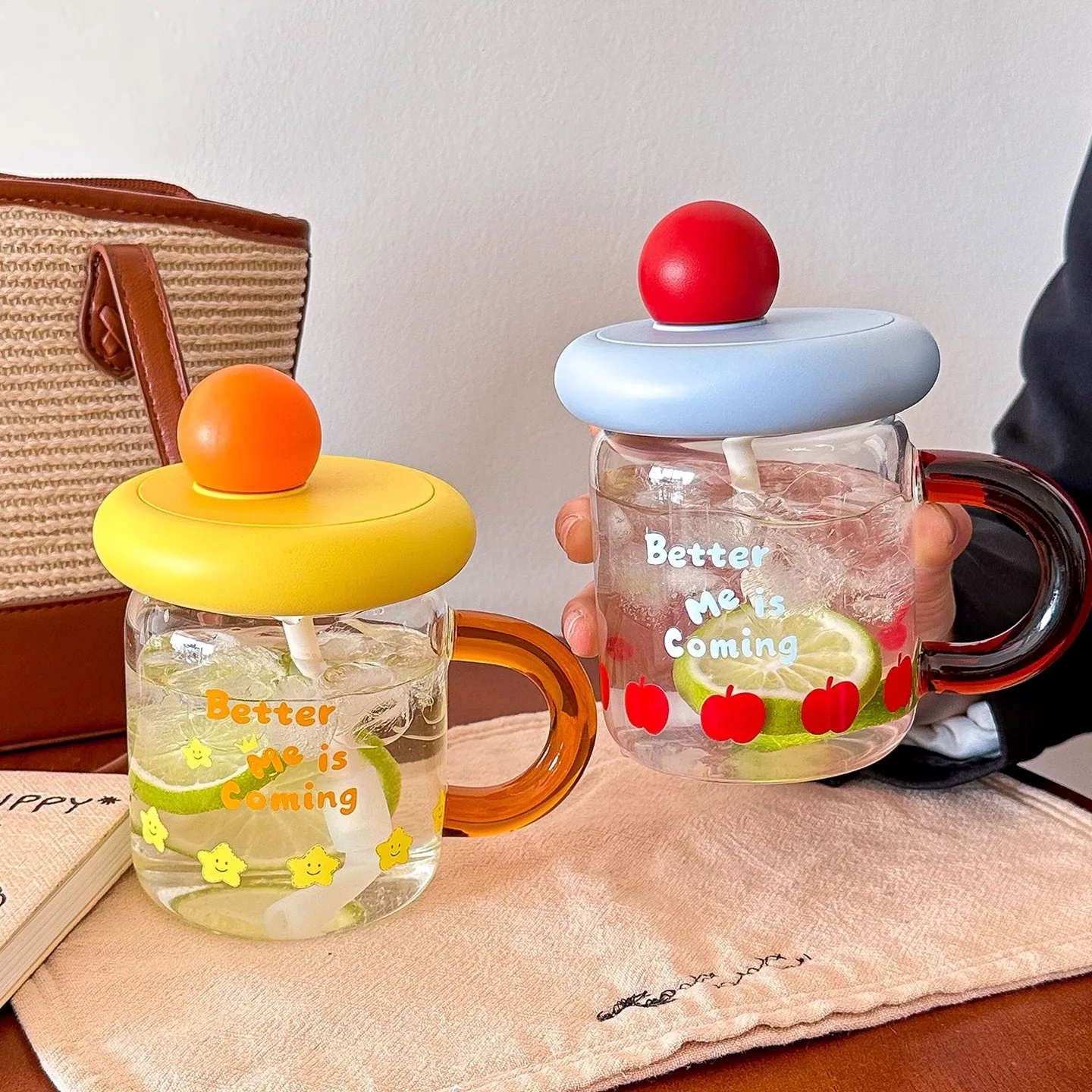 Home Kitchen,Dining & Bar New handle glass dopamine high-looking girl's water cup office breakfast household portable straw cup